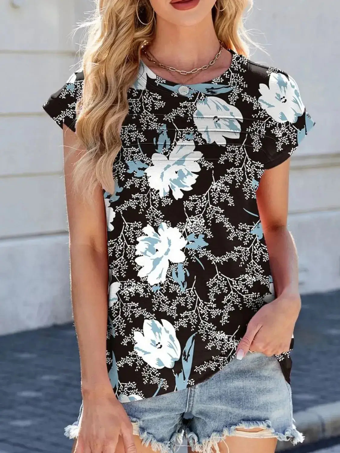Printed Round Neck Cap Sleeve Top - Clothes For Her Online Store