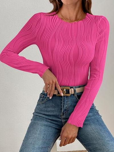 Textured Round Neck Long Sleeve Top - Clothes For Her Online Store