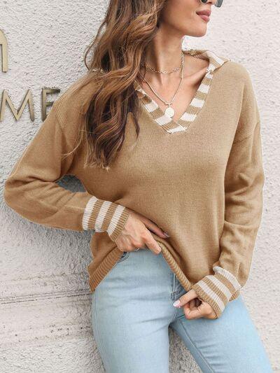 Striped Trim Drop Shoulder Sweater - Clothes For Her Online Store