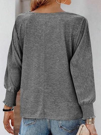 Round Neck Smocked Lantern Sleeve T-Shirt - Clothes For Her Online Store
