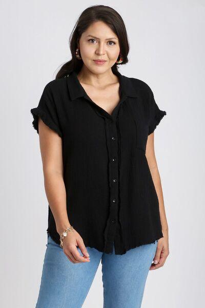 Umgee Full Size Frayed Hem Collared Neck Short Sleeve Shirt Plus Size - Clothes For Her Online Store