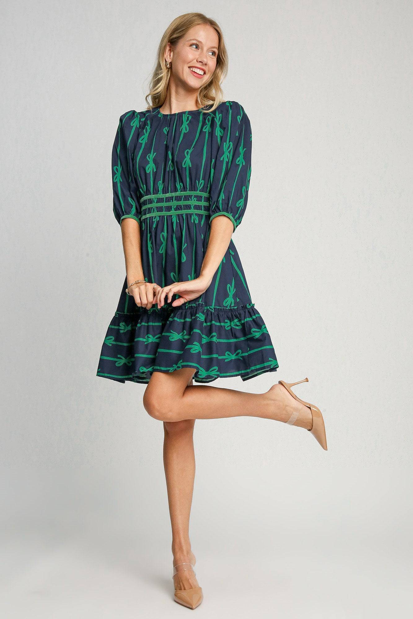 Umgee Ribbon Print Frill Contrast Velvet Trim Half Sleeve Dress - Clothes For Her Online Store