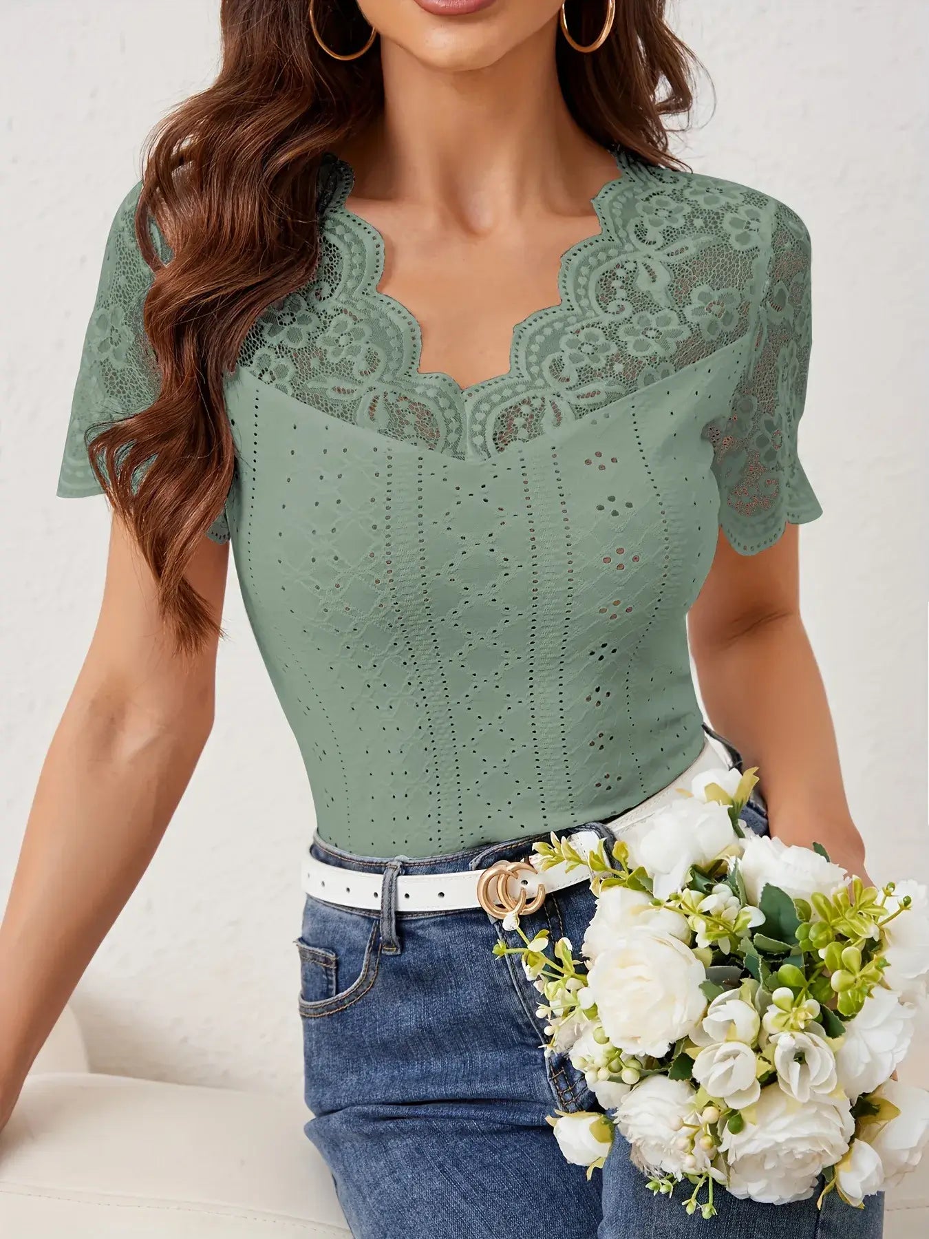 Lace Trim Eyelet Embroidered Summer T-Shirt