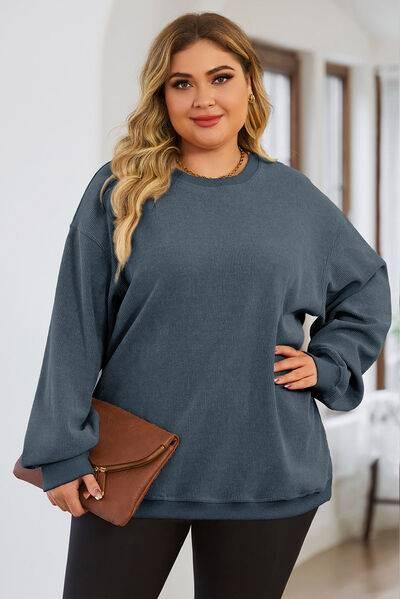Plus Size Round Neck Dropped Shoulder Sweatshirt - Clothes For Her Online Store