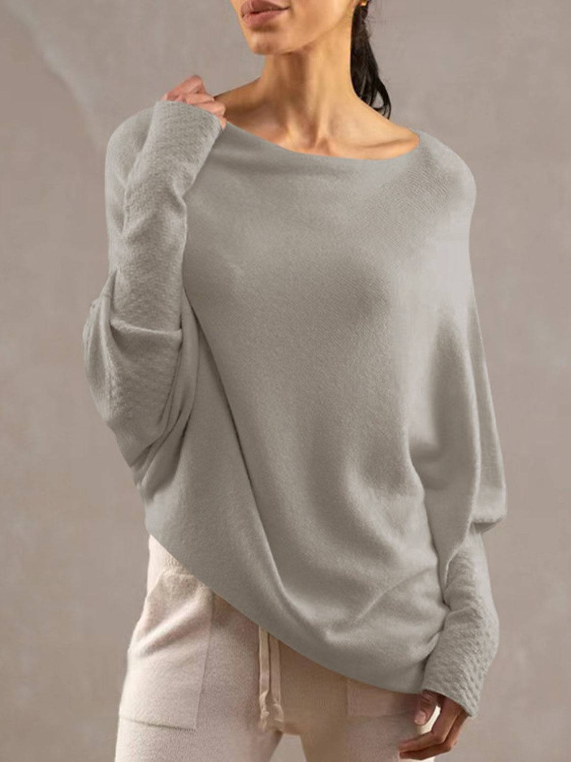 Full Size Boat Neck Batwing Sleeve Knit Top - Clothes For Her Online Store