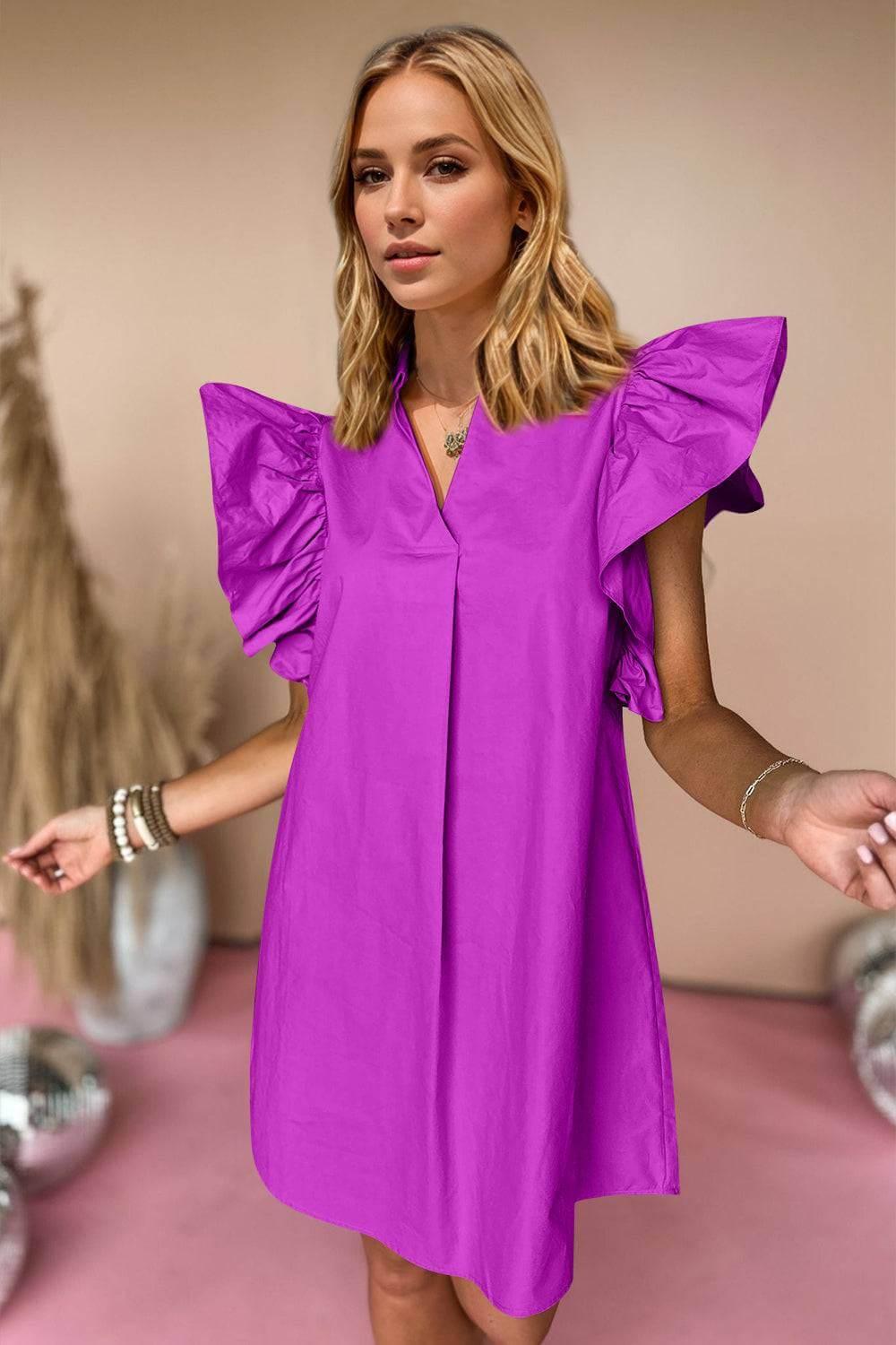 Oh Ruched Johnny Collar Cap Sleeve Mini Dress - Clothes For Her Online Store