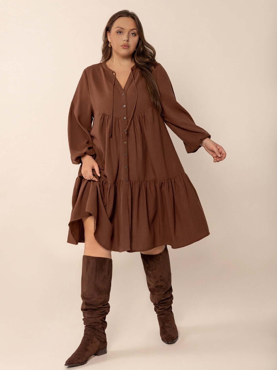 Plus Size Tie Neck Balloon Sleeve Tiered Dress - Clothes For Her Online Store
