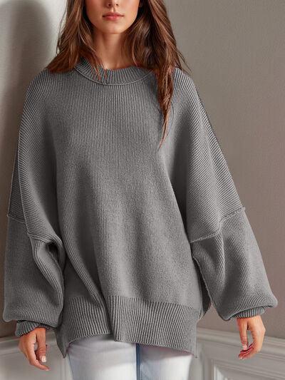 Double Take Side Slit Round Neck Long Sleeve Sweater - Clothes For Her Online Store