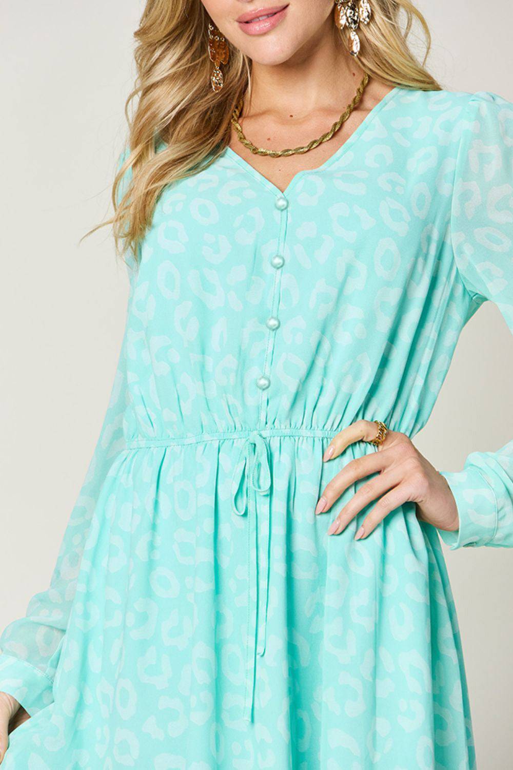 Double Take Full Size Printed Ruched V-Neck Long Sleeve Dress - Clothes For Her Online Store