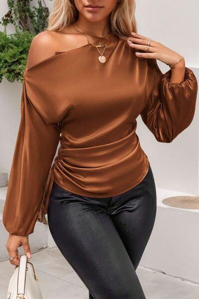 Drawstring One Shoulder Long Sleeve Blouse - Clothes For Her Online Store