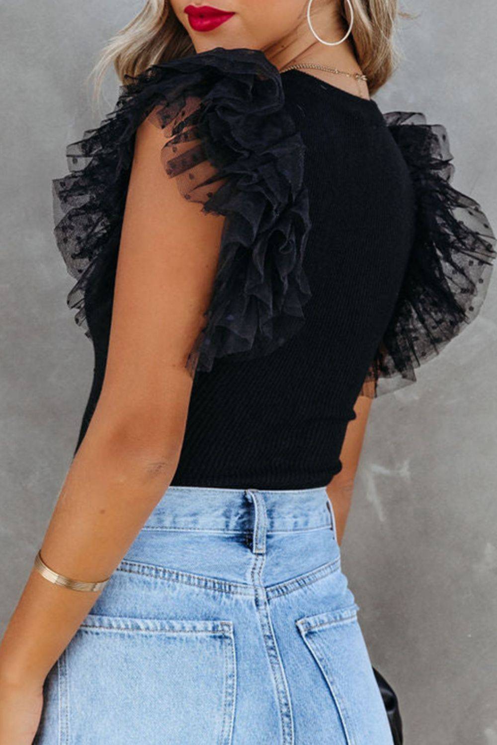 Ruffled Round Neck Cap Sleeve Blouse - Clothes For Her Online Store