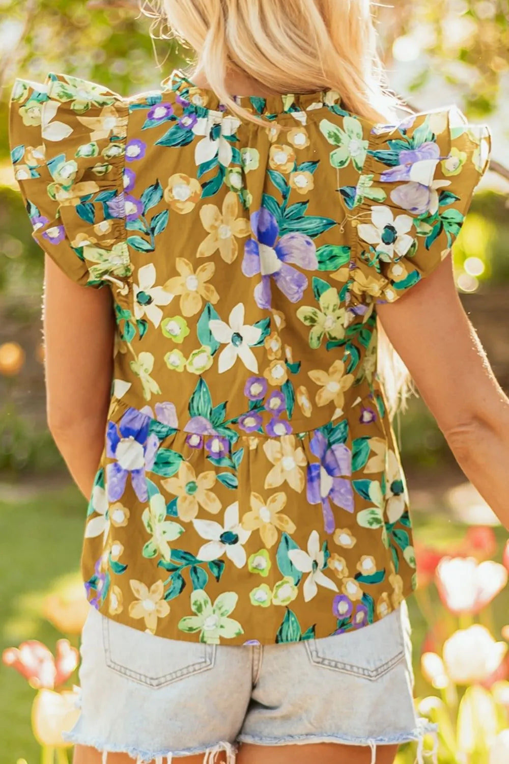 Floral Print Ruffle Cap Sleeve Tie Neck Top