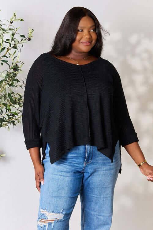Zenana Full Size Round Neck High-Low Slit Knit Top - Clothes For Her Online Store