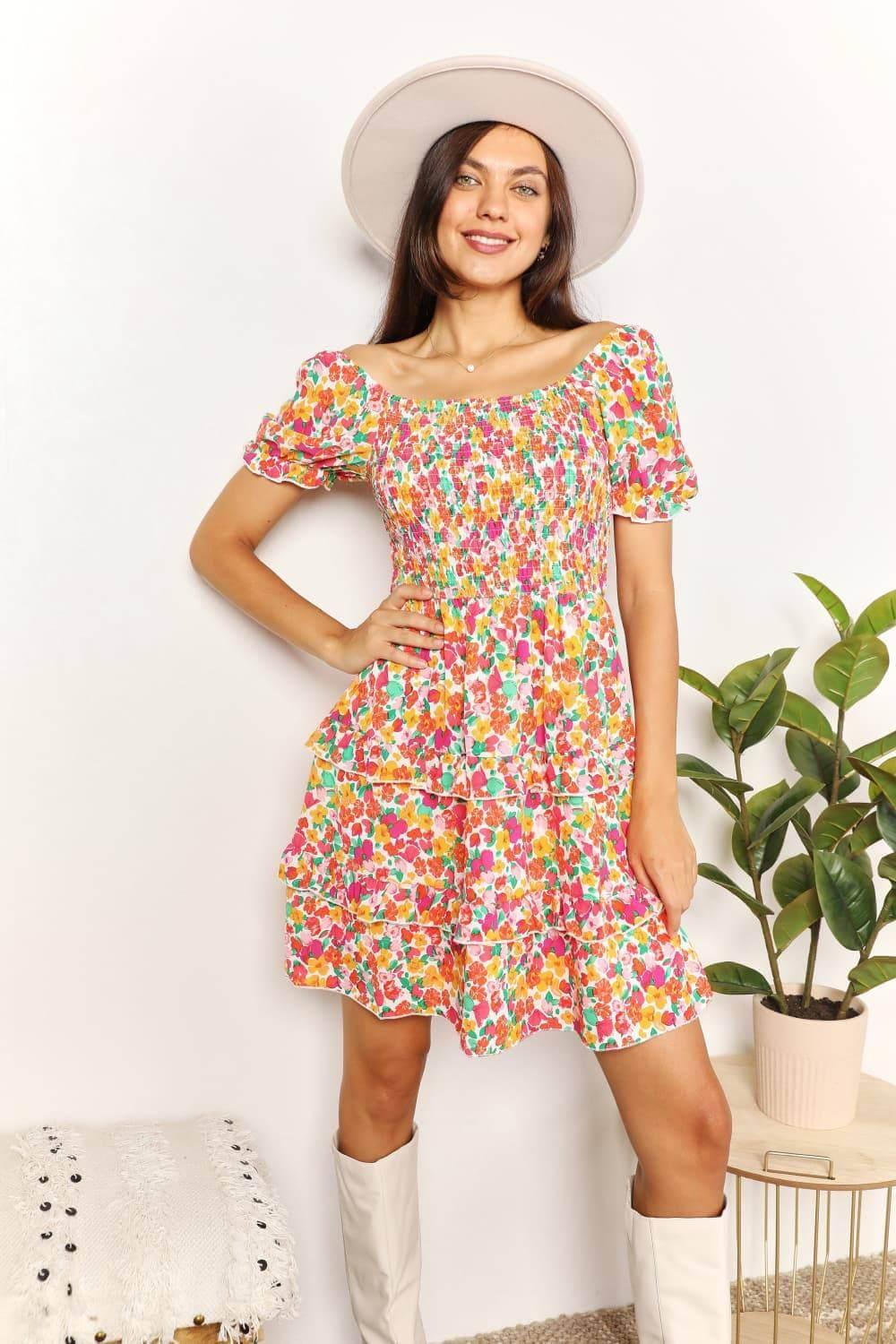Devine Smocked Sweetheart Neck Flounce Sleeve Mini Dress - Clothes For Her Online Store