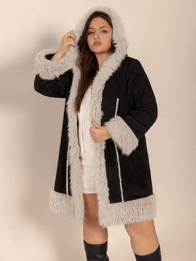 Plus Size Fuzzy Trim Open Front Long Sleeve Hooded Coat - Clothes For Her Online Store