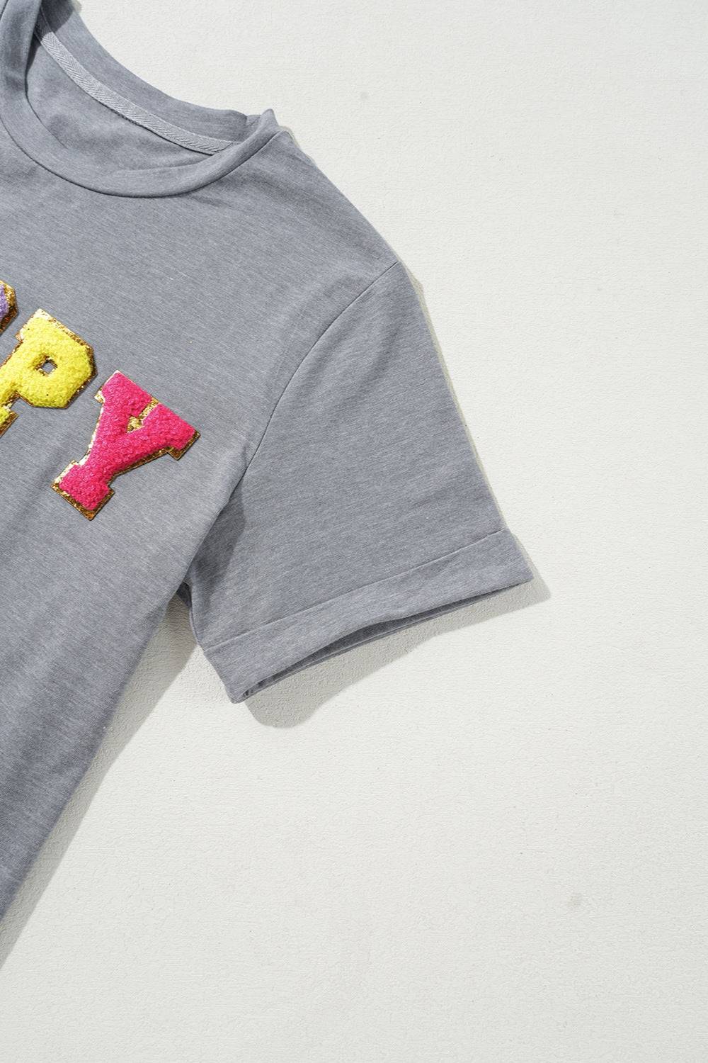 HOPPY Chenille Patch Round Neck Short Sleeve T-Shirt - Clothes For Her Online Store