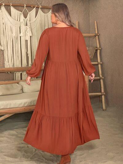 Plus Size Ruffled V-Neck Balloon Sleeve Dress - Clothes For Her Online Store