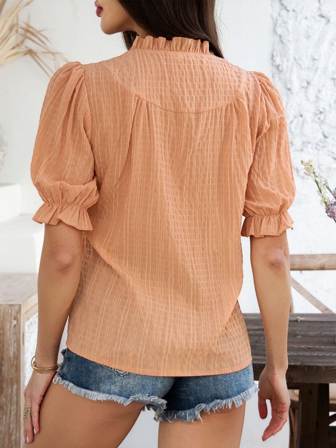 Devine Frill Notched Short Sleeve Blouse - Clothes For Her Online Store