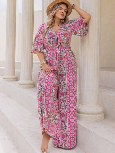 Plus Size Printed Half Sleeve Wide Leg Jumpsuit - Clothes For Her Online Store