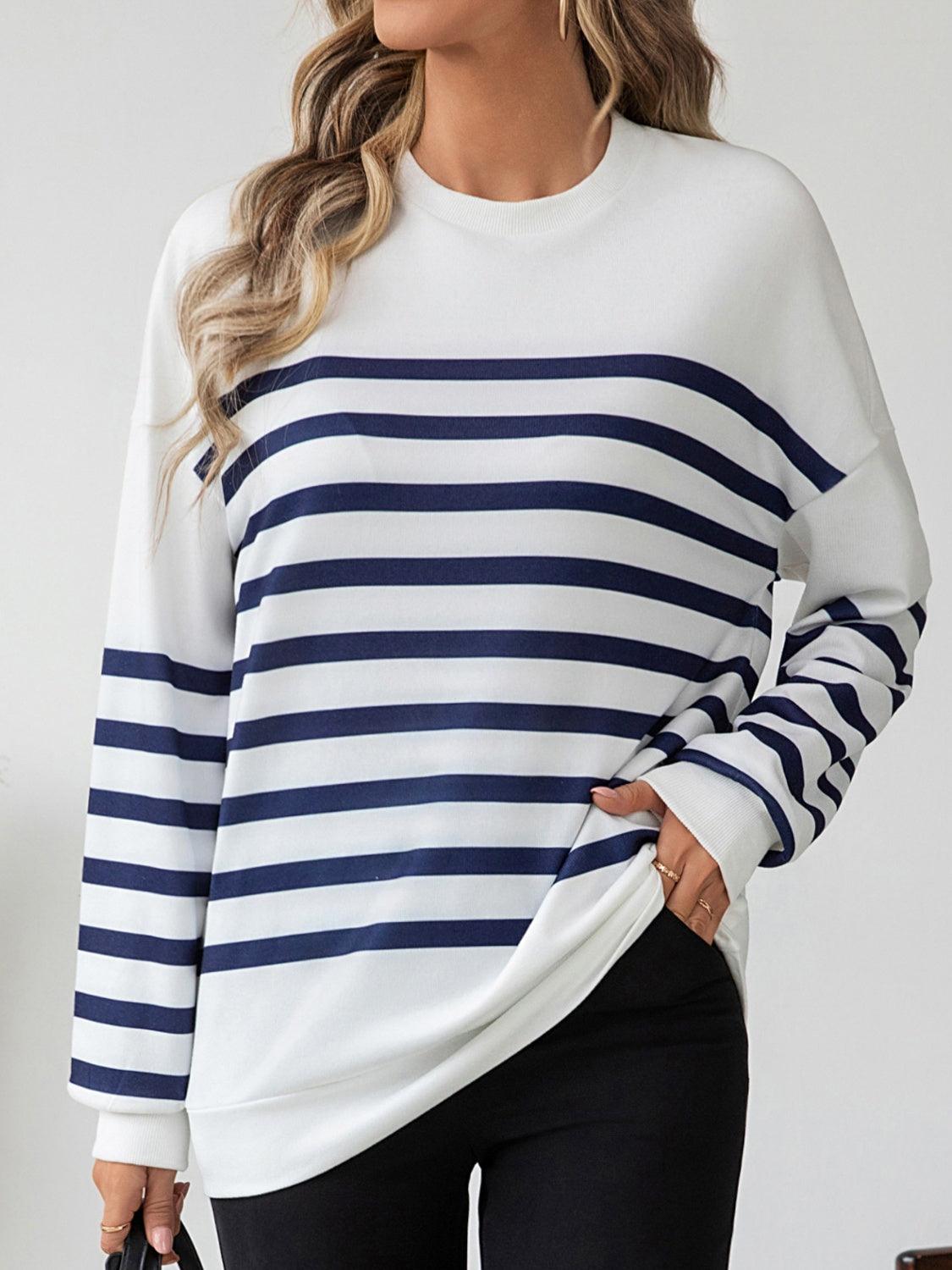 Striped Round Neck Long Sleeve T-Shirt - Clothes For Her Online Store