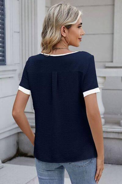 Cutout Round Neck Short Sleeve Blouse - Clothes For Her Online Store