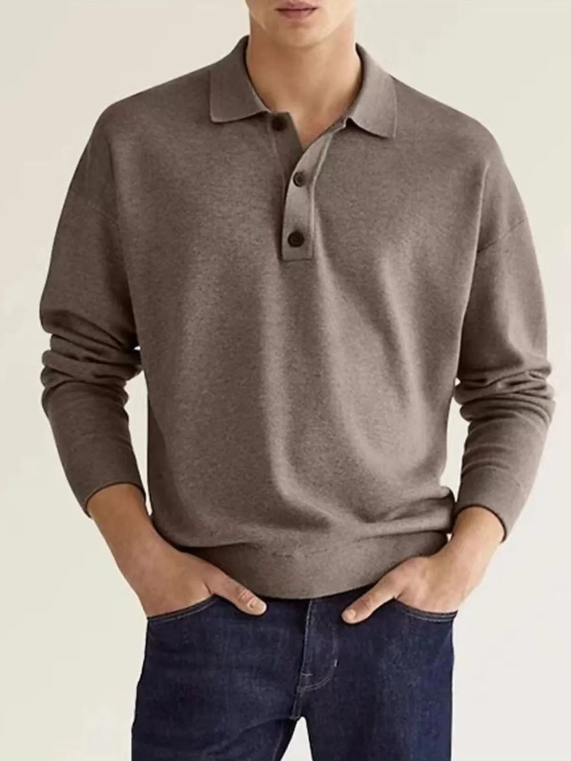 Men's Full Size Button Detail Long Sleeve Polo Plus Size