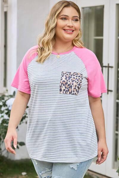 Plus Size Striped Leopard Round Neck T-Shirt - Clothes For Her Online Store
