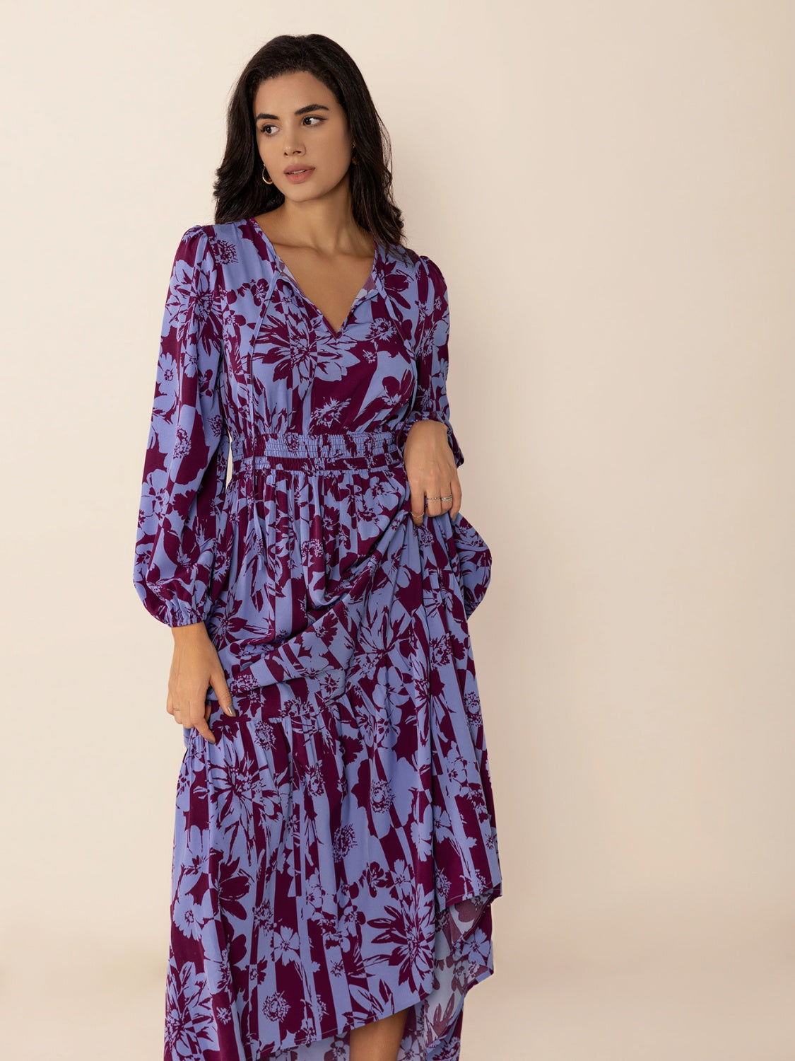 Printed Tie Neck Balloon Sleeve Maxi Dress - Clothes For Her Online Store