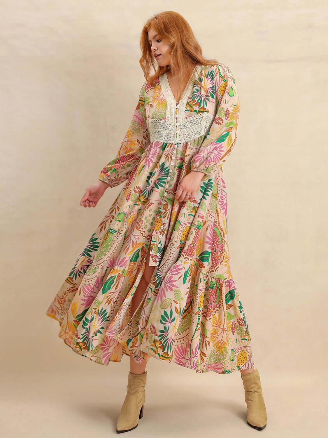 Plus Size Lace Detail Printed V-Neck Balloon Sleeve Dress - Clothes For Her Online Store