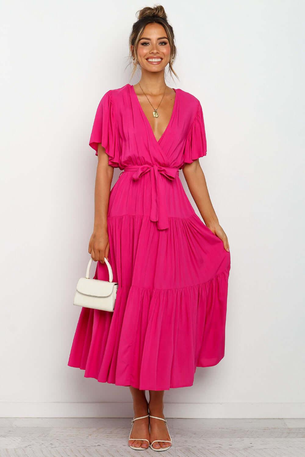 Tied Tiered Short Sleeve Midi Dress - Clothes For Her Online Store