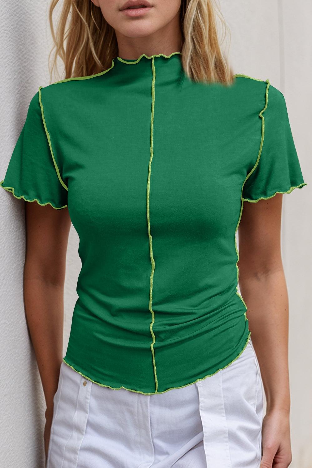 Basic Bae Contrast Trim Mock Neck Short Sleeve T-Shirt - Clothes For Her Online Store