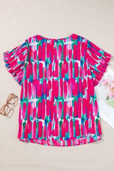 Plus Size Printed Round Neck Petal Sleeve Blouse - Clothes For Her Online Store