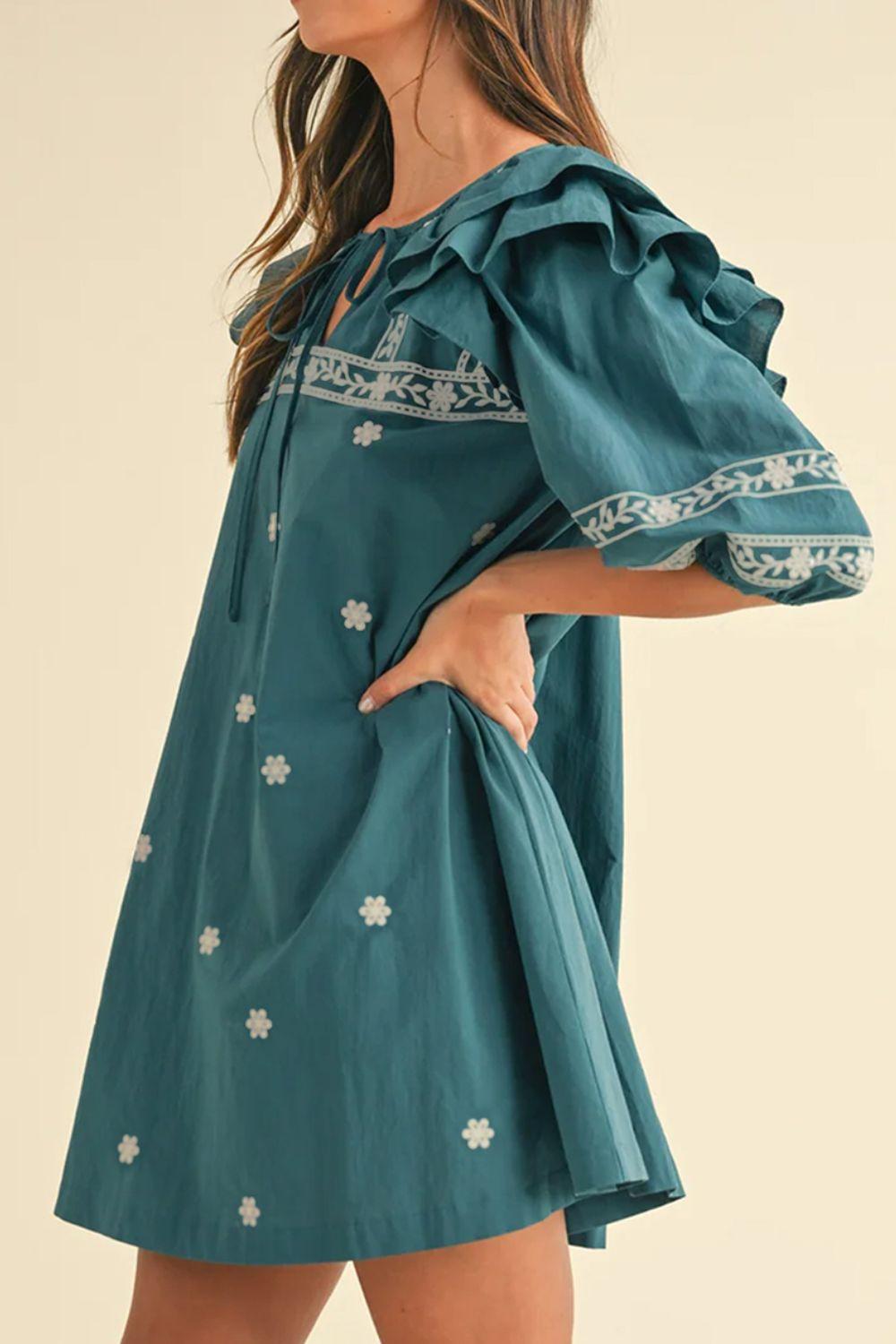 Floral Ruffle Puff Sleeve Tie Neck Mini Dress - Clothes For Her Online Store