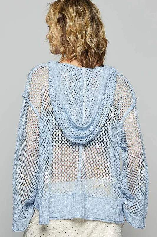 POL Star Openwork Long Sleeve Hooded Knit Cover Up