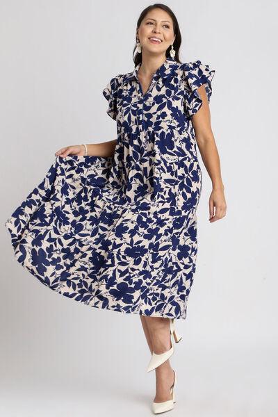 Umgee Full Size Floral Collared Ruffle Cap Sleeve Midi Dress Plus Size - Clothes For Her Online Store