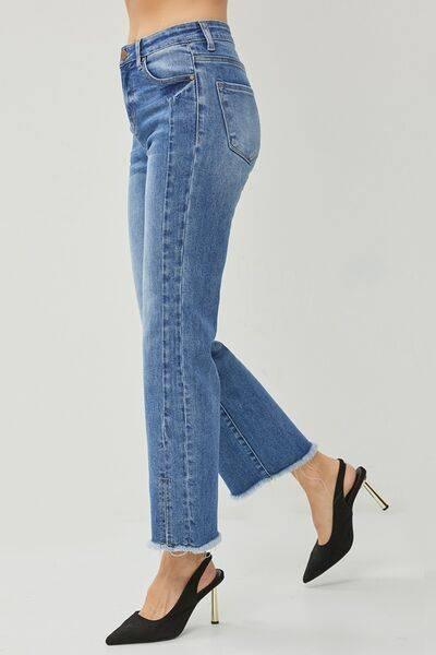 RISEN High Waist Raw Hem Slit Straight Jeans - Clothes For Her Online Store