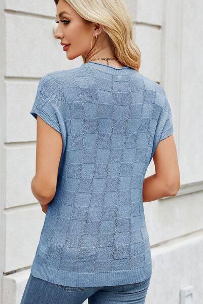 Checkered Round Neck Short Sleeve Knit Top - Clothes For Her Online Store