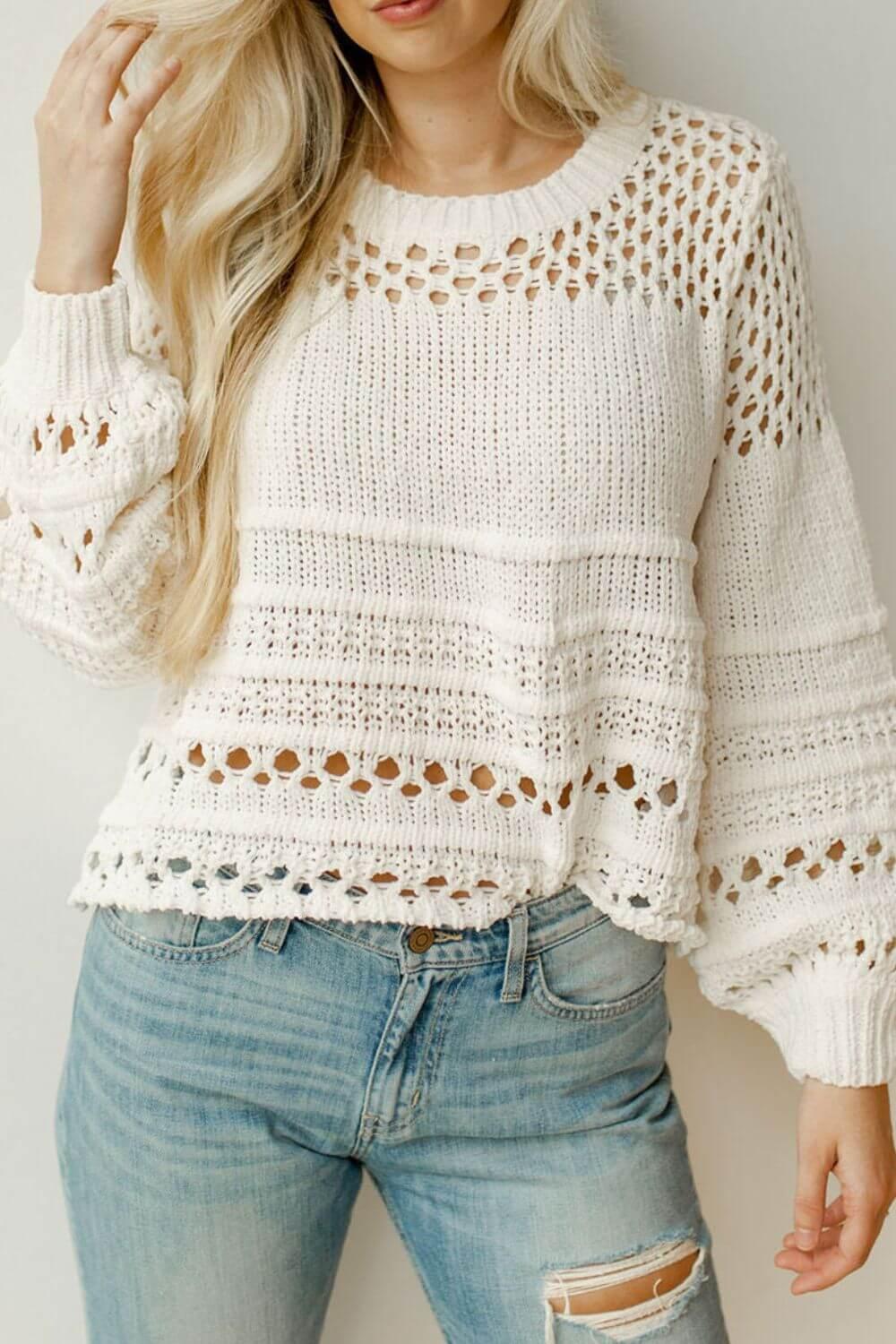 Pointelle Knit Puff Sleeve Sweater - Clothes For Her Online Store