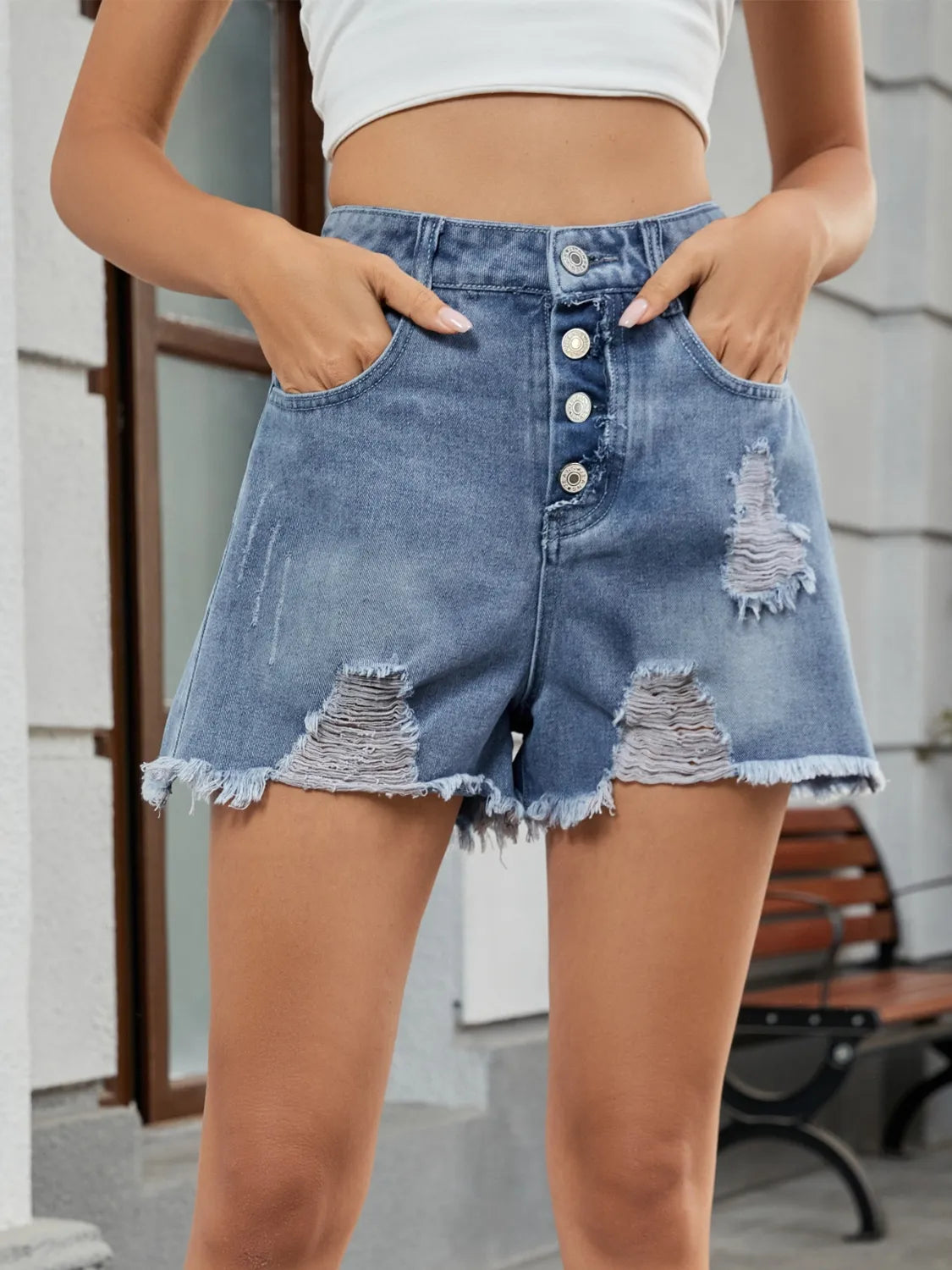 Distressed Raw Hem Denim Shorts