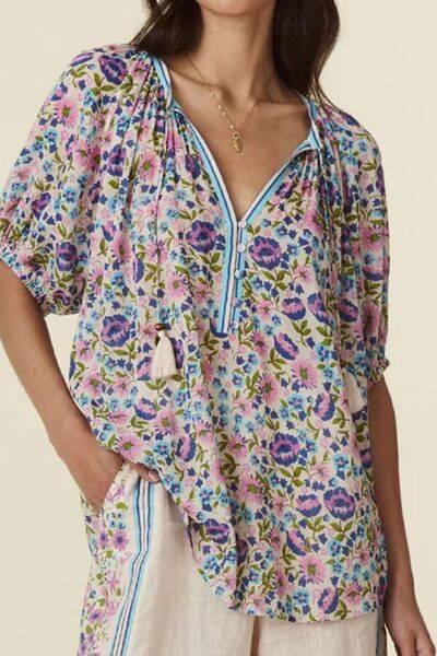 Floral Tie Neck Half Sleeve Blouse - Clothes For Her Online Store
