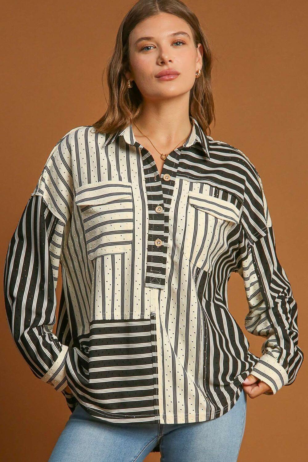 Umgee Full Size Pointelle Stripped Half Button Collared Neck Top Plus Size - Clothes For Her Online Store