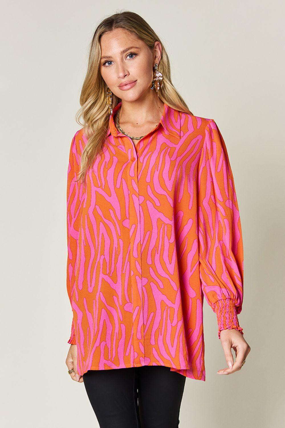 Double Take Full Size Printed Smocked Long Sleeve Blouse - Clothes For Her Online Store