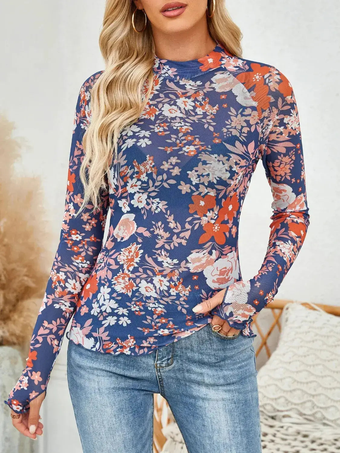 Floral Mock Neck Long Sleeve Top - Clothes For Her Online Store