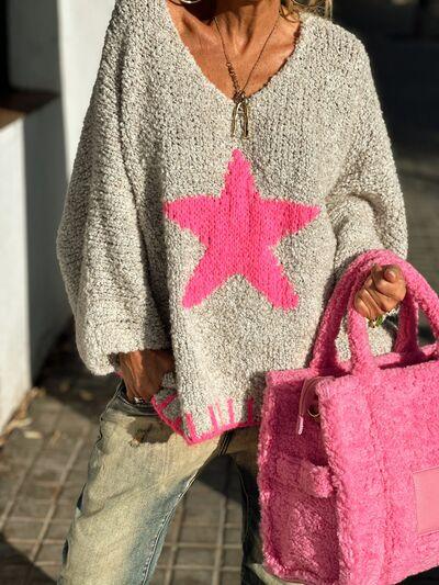 Star V-Neck Long Sleeve Oversize Sweater - Clothes For Her Online Store