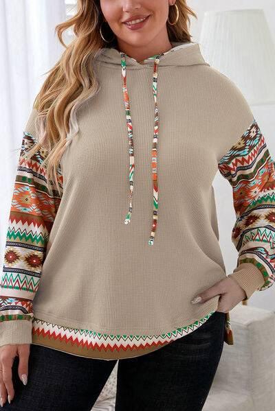 Plus Size Waffle-Knit Geometric Dropped Shoulder Hoodie - Clothes For Her Online Store