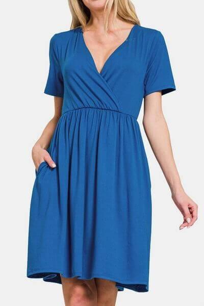 Zenana Surplice Short Sleeve Brushed DTY Dress - Clothes For Her Online Store