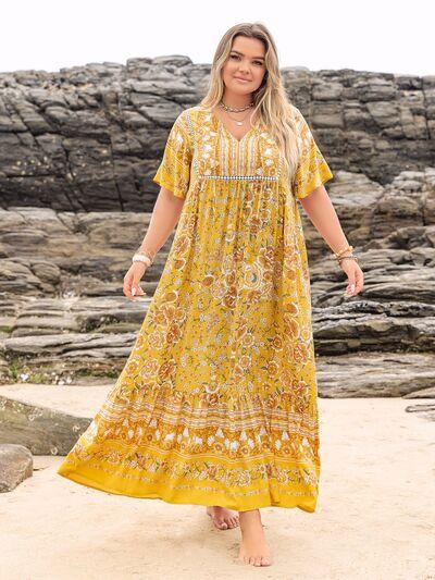 Plus Size Floral Tie Neck Flutter Sleeve Maxi Dress - Clothes For Her Online Store