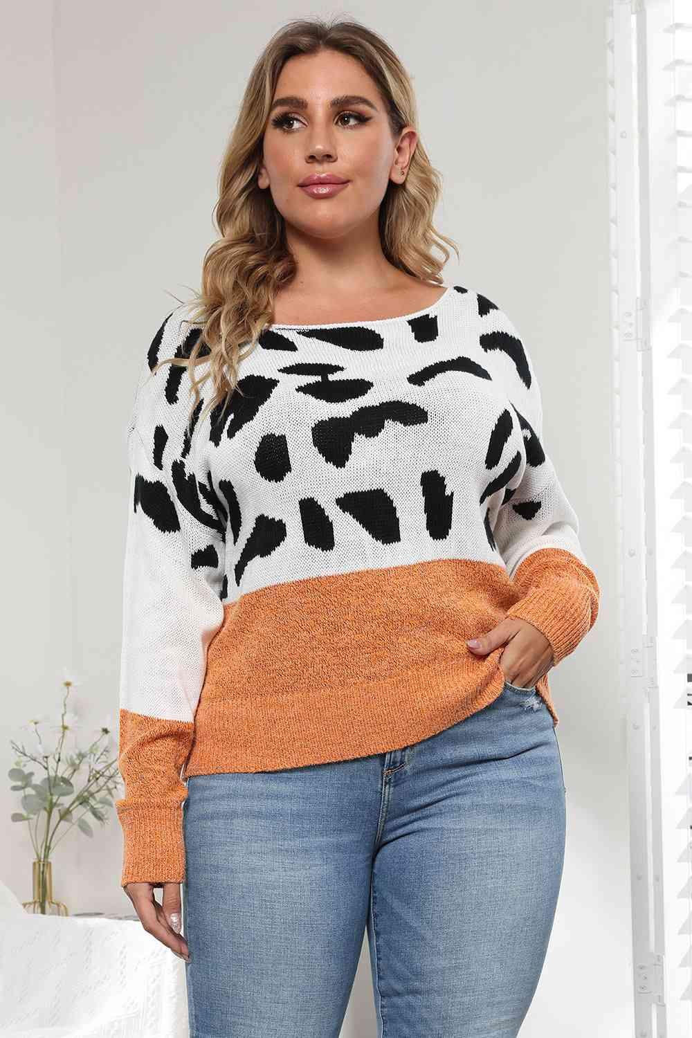 Plus Size Leopard Round Neck Long Sleeve Sweater - Clothes For Her Online Store