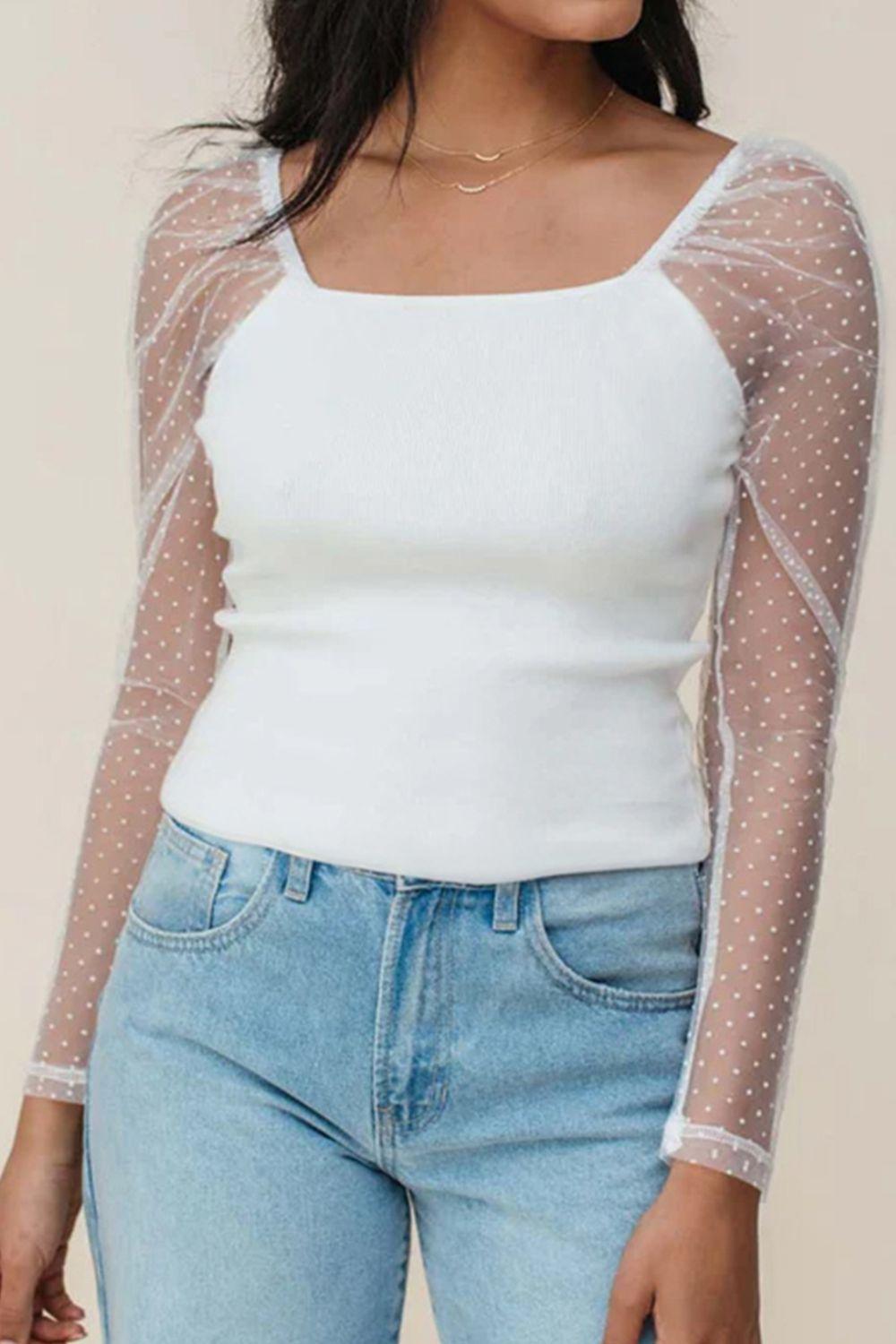 Swiss Dot Mesh Long Sleeve Square Neck Slim Top - Clothes For Her Online Store