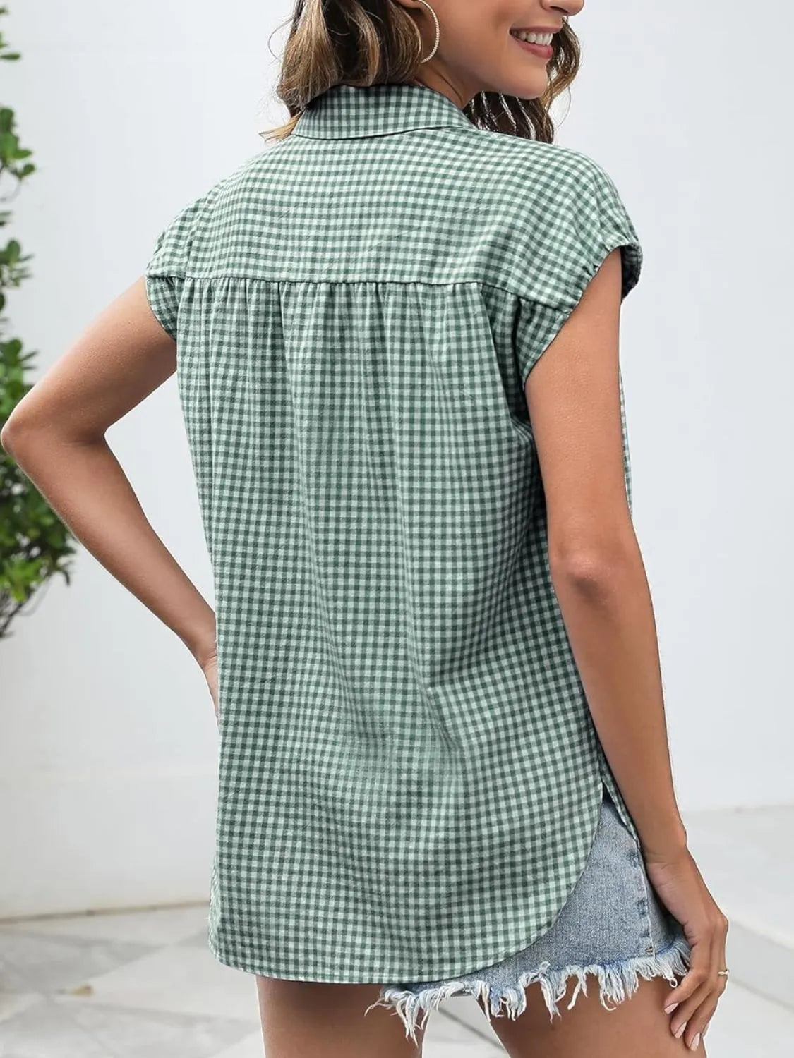 Plaid Button Up Cap Sleeve Shirt